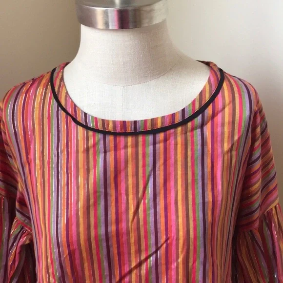 Boho Colorful Rainbow-Stripe Peplum Pom Pom Top Size M - Picture 4 of 6